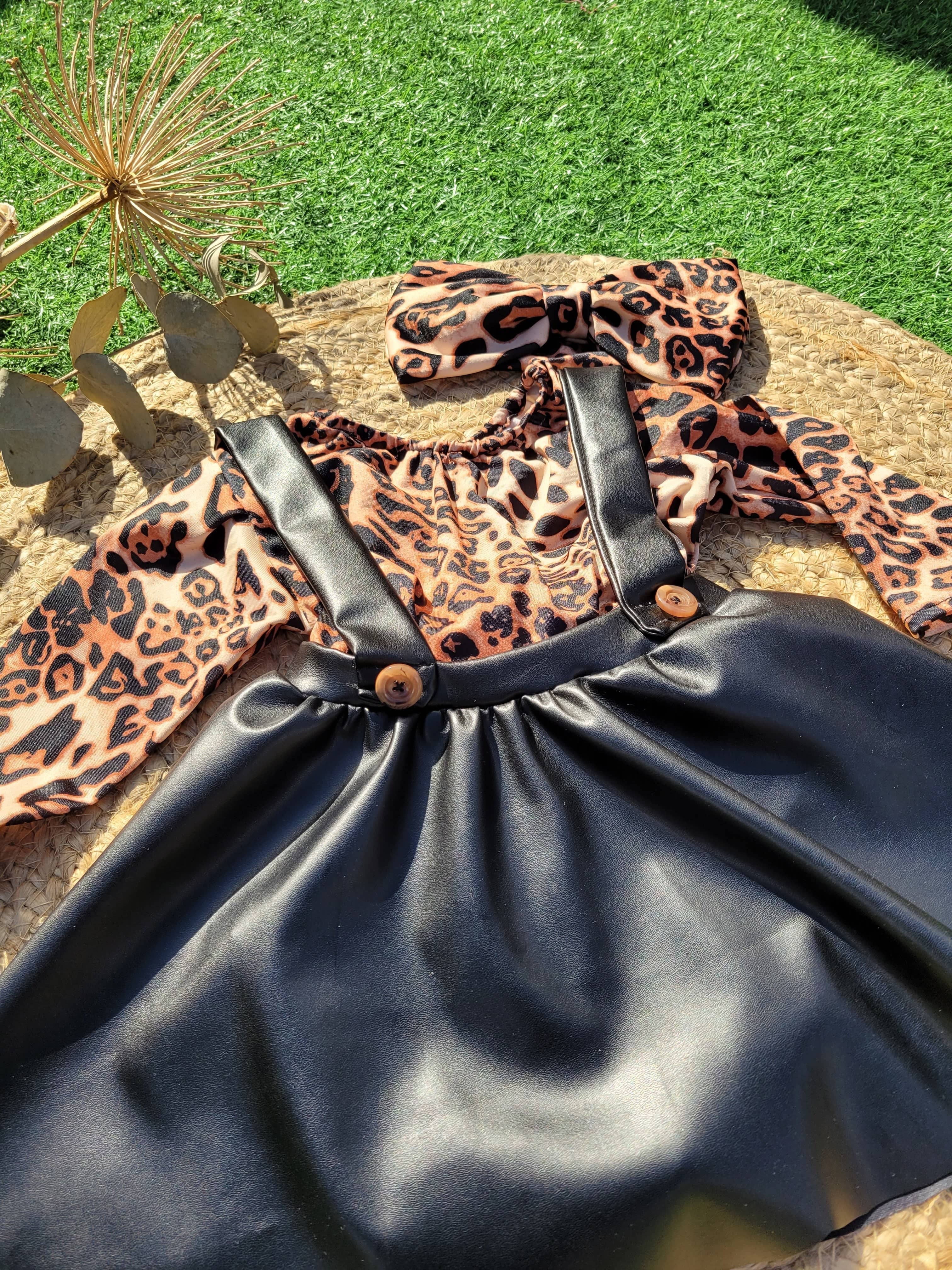 Girls Leopard Romper & Leather Suspenders Skirt